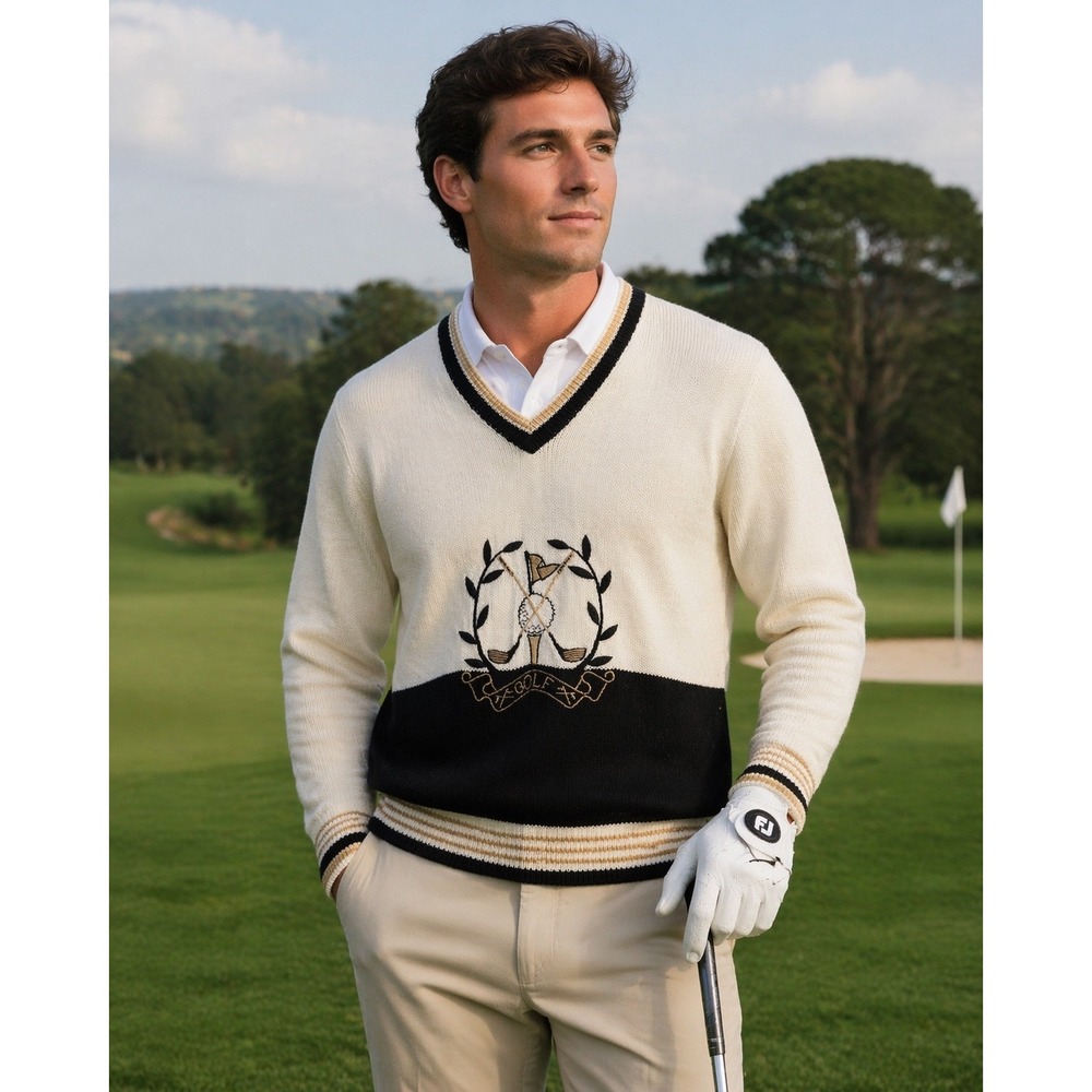 Quantum Sportswear Vintage Mens Golf Crest V-Neck‎ Sweater Cream Knit L